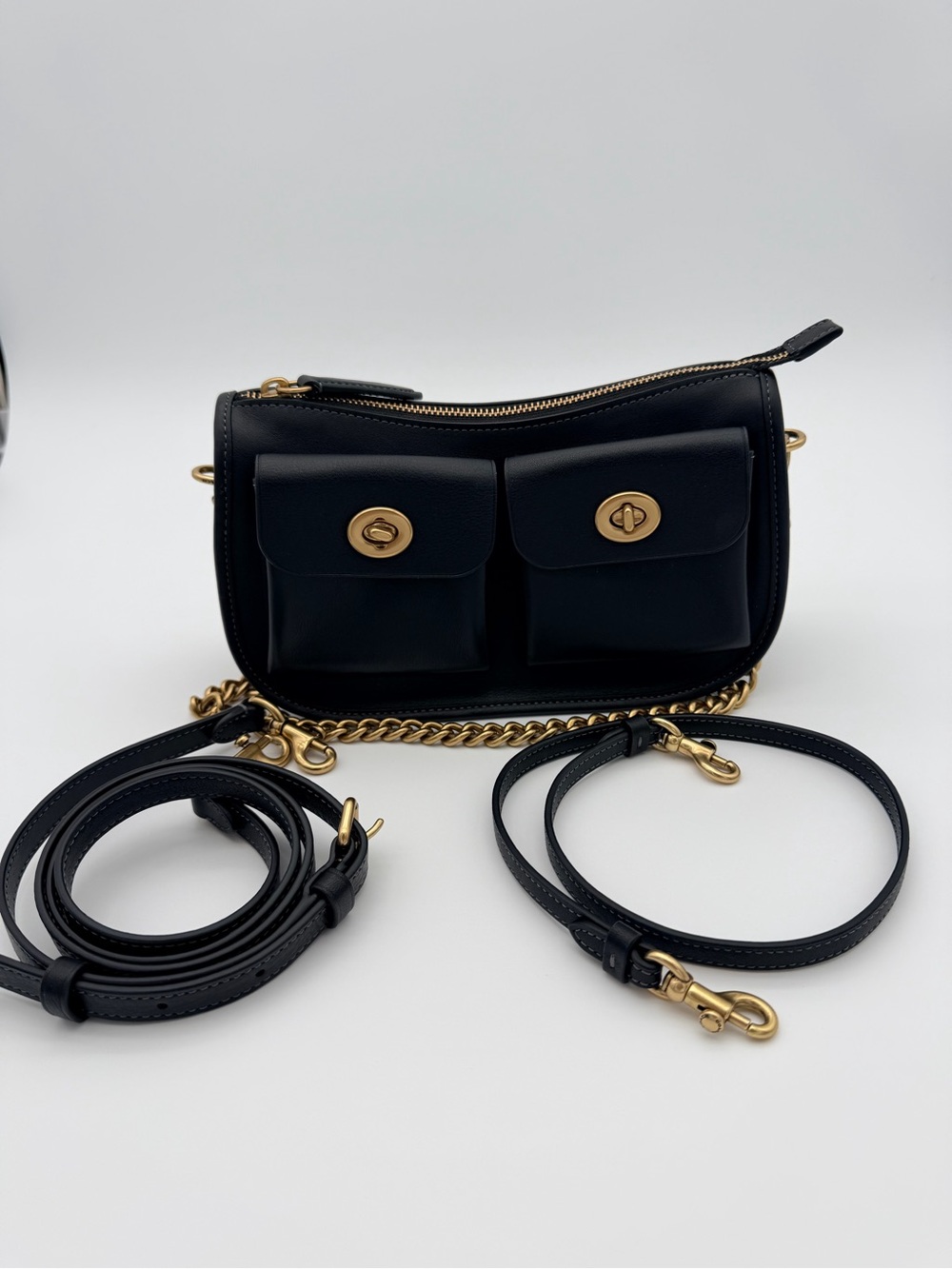 Coach Black Leather Twin Lock  Pocket Crossbody with Brass Chain M2579 CDZ20